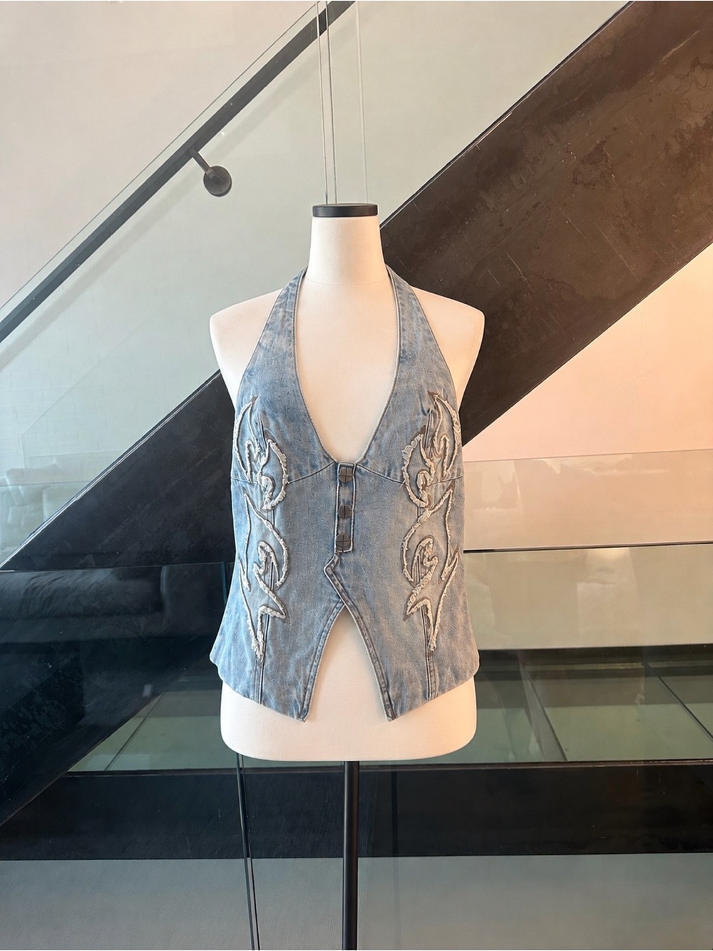 Ksubi Light Blue Denim Halter Vest with Embroidered Flame Detail